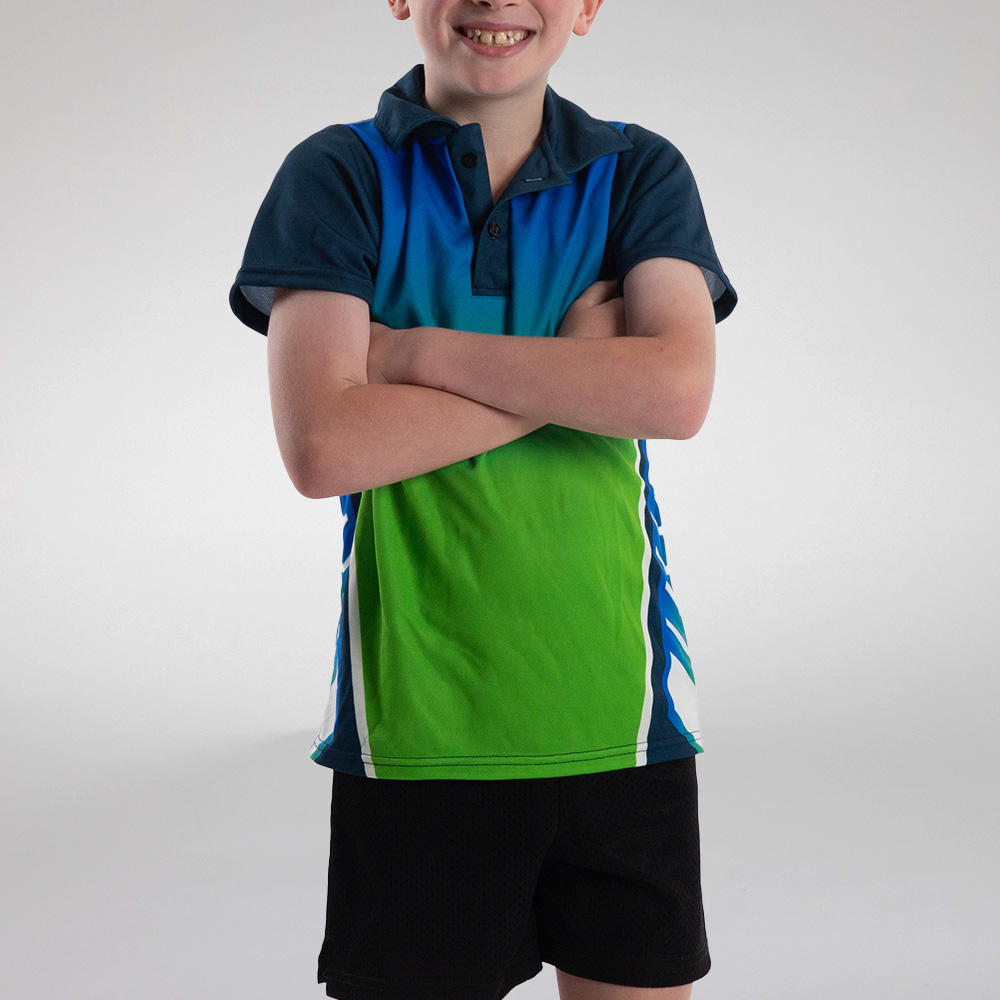 Boy in blue and green polo t-shirt