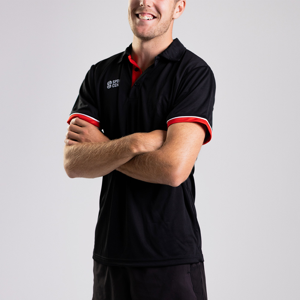 Man in black polo t-shirt