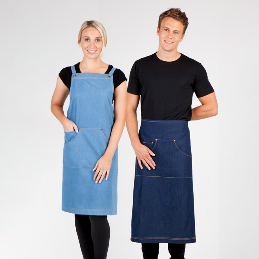 Man and woman wearing denim aprons