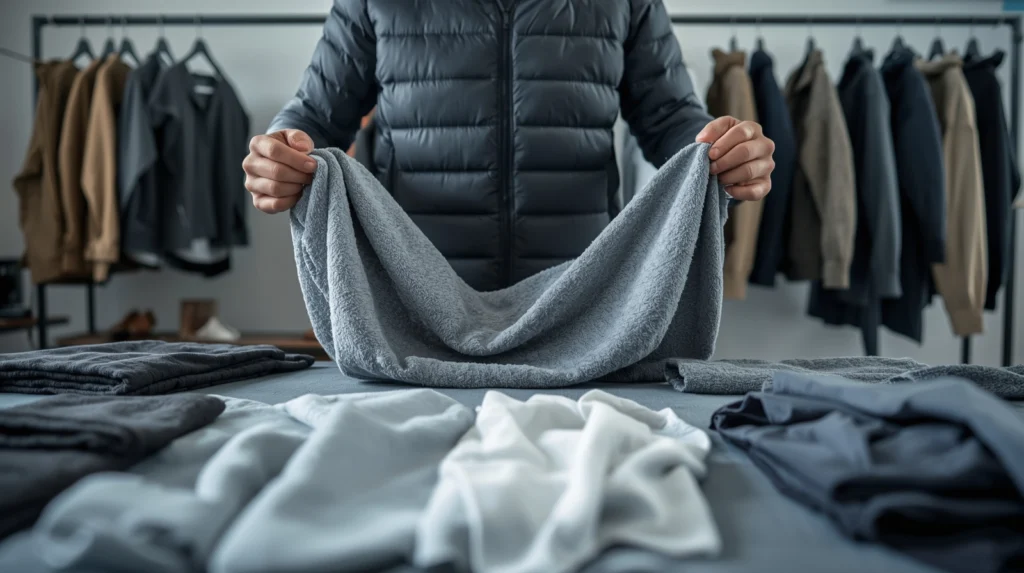 Person choosing fabric for winter sports clothing