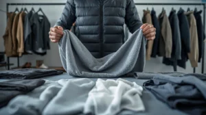 Person choosing fabric for winter sports clothing