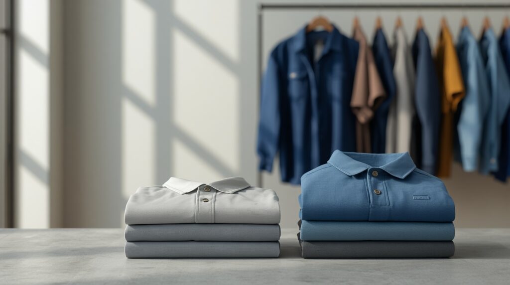 Comfortable workwear polo shirts on display