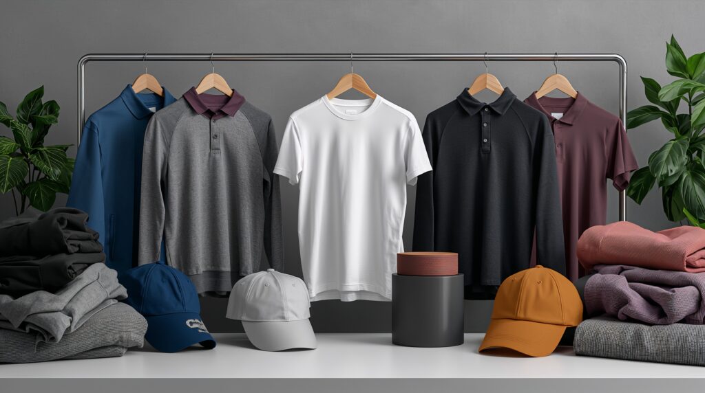 Apparel shirts and caps display